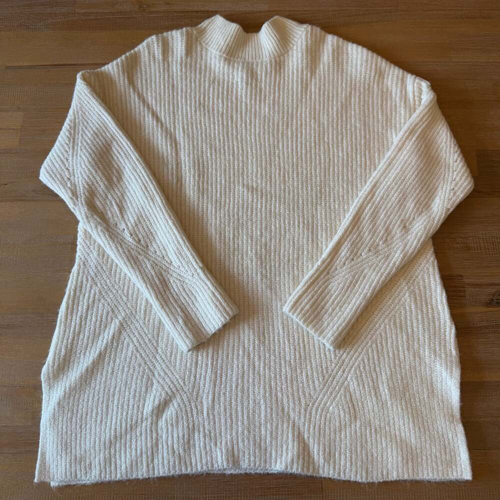 Old Navy Sweater Womens L Large Cream White Ribbed Knit Cozy Mock Neck Slit